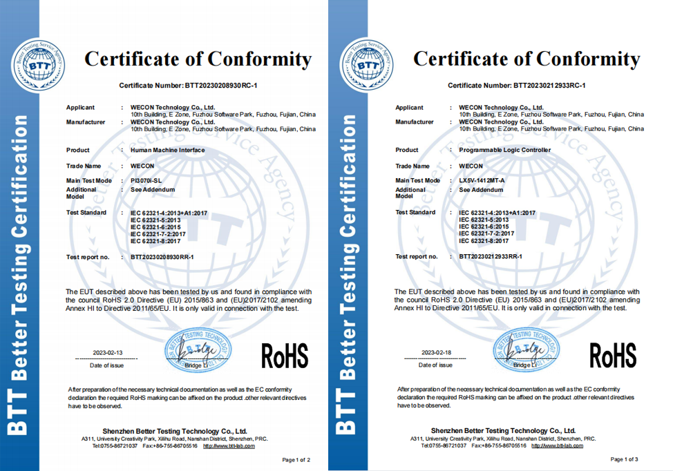Производитель WECON награжден сертификатами RoHS